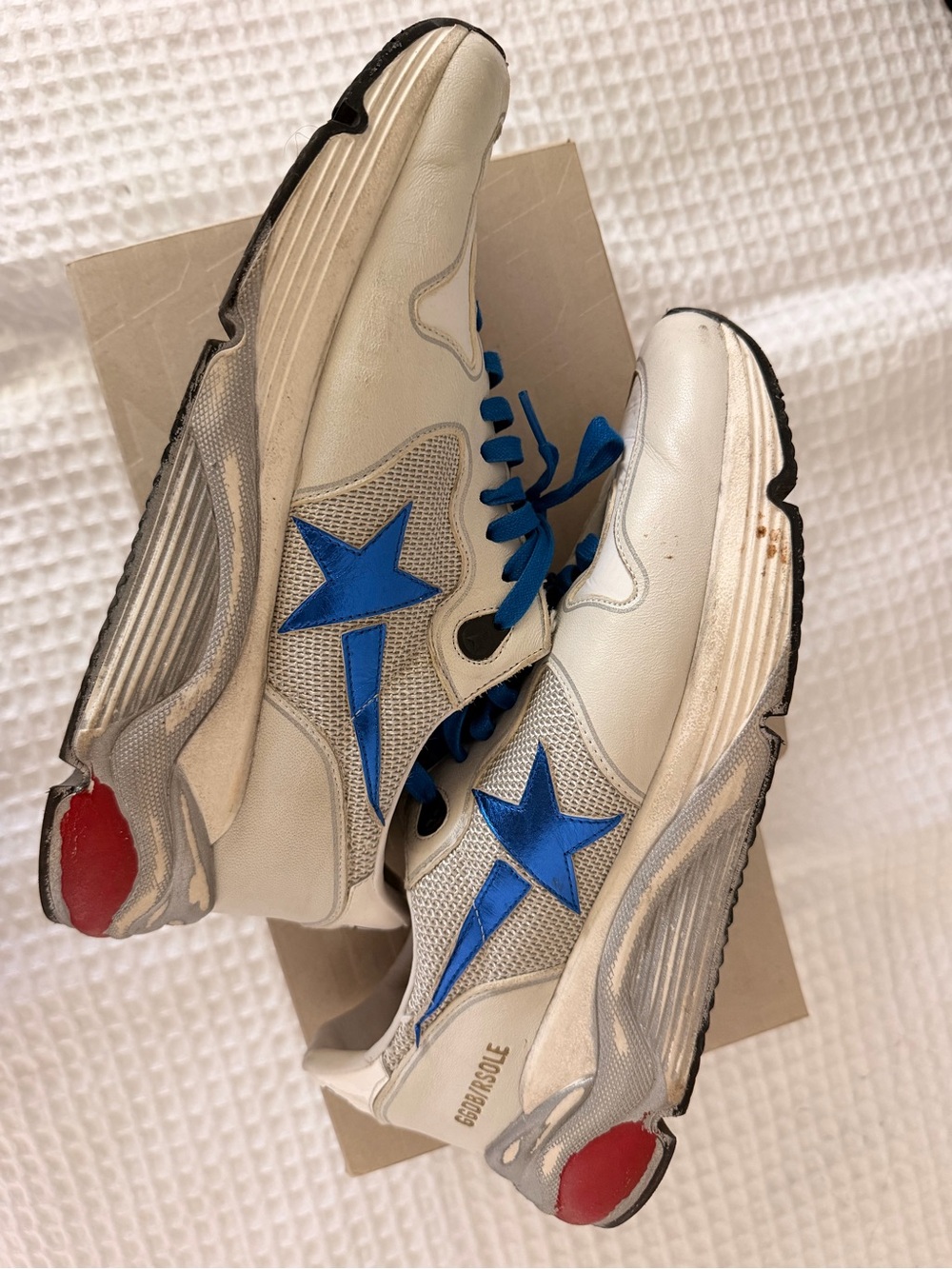 Golden Goose White Sneakers with Blue Star and Red Heel Caps